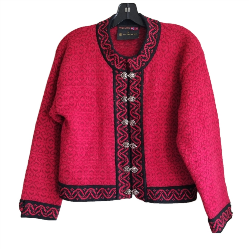 Vintage Wool Norwegian Knit Intarsia Cardigan Red Black Windfjord Sweater Size S